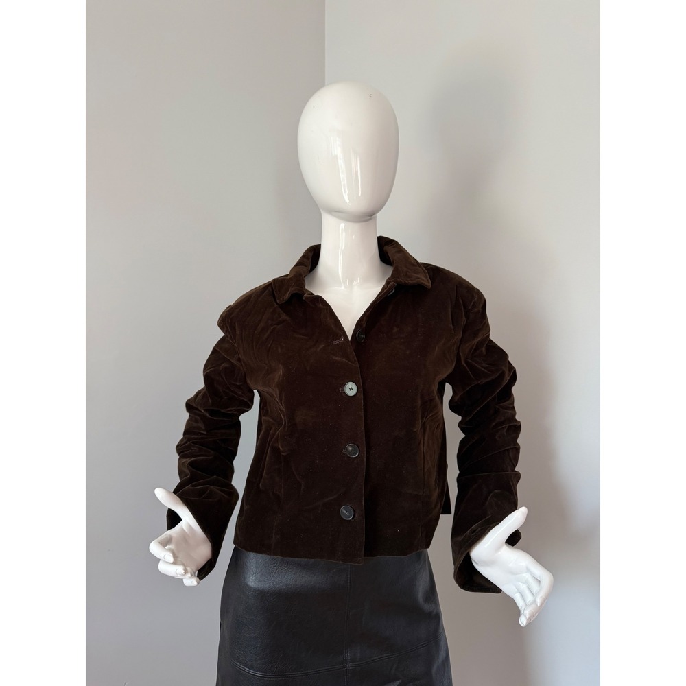 Brown Velvet Cropped‎ Short Blazer Button Down Collared Fitted Retro Style - Picture 5 of 7
